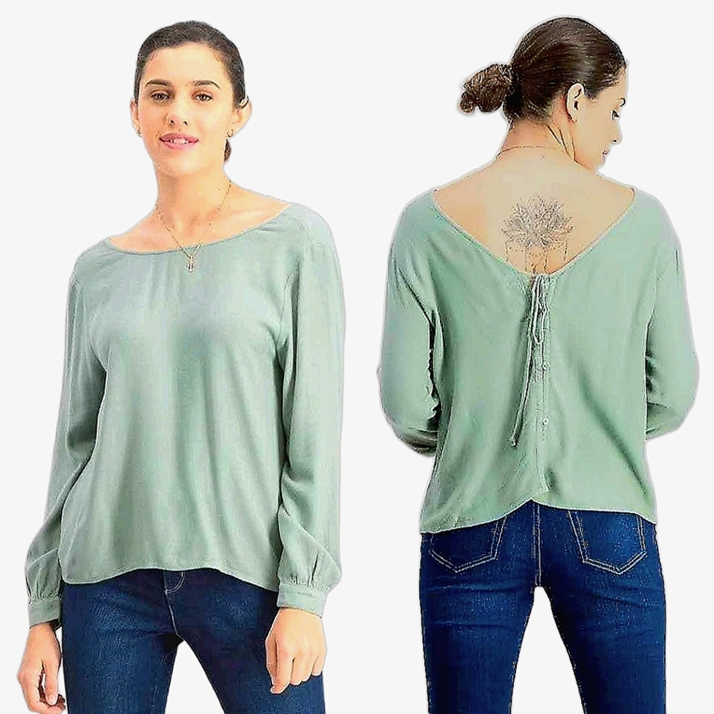 Cloth & Stone Sage Green Long Sleeve Top Small Low Cut Back Anthropologie